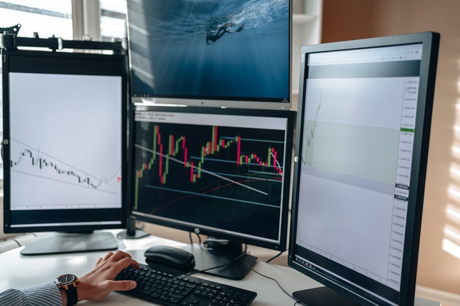 Trading desk with multiple monitors showing market data